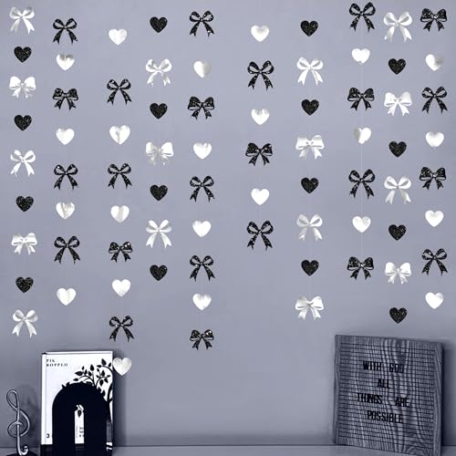 Image of Bow Decorations Siver Black Metallic Glitter Paper Bow Heart Hanging Garland Streamer for Coquette Birthday Valentines Bachelorette Wedding Bridal Shower Anniversary Hen Party Decorations Supplies