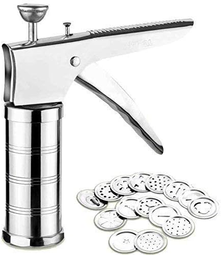 Satvikaya Stainless Steel Kitchen Press with 15 Different Types of Jalies, Murukku Maker/Noodles/Cookies/Namkeen/Chakali Maker/Sev Maker/Gathiya Maker/Bhujiya Maker/Farsan Maker (Stainless Steel)