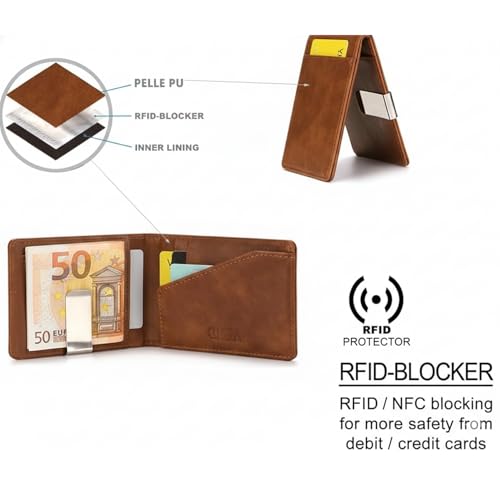 RisePlus Money Clip,Slim RFID Card Wallet for Men with Money Clip, PU Leather Minimalist Credit Card Holder, Compact Vintage Style Wallet with Stainless Steel Cash Clip (Brown) - Image 2