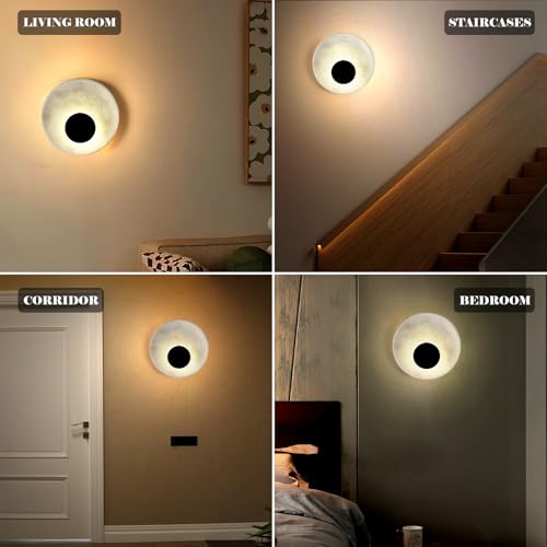 Image of Marble Round Wall Sconce, Natural Marble Hardwired Circular Sconce Modern Sconces Wall Lighting Vanity Light Fixtures for Bedroom, Stairs, Living Room, Bedside