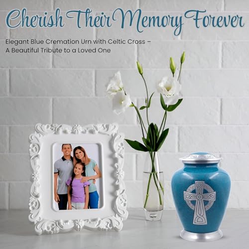 Image of Celtic Cross Engraved Cremation Urn for Human Ashes - Large Aluminum Funeral Urn for Adults (200 Cu in) - Handmade Memorial Urn with Velvet Bag - Durable Granite Finish Tribute Keepsake Urn