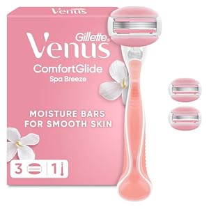 Gillette Venus ComfortGlide Women’s Razor, Spa Breeze - 3 Refill Razor Cartridges, Reusable Metal Handle and Shower Holder