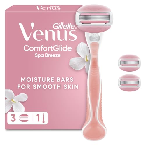 Gillette Venus ComfortGlide Womens Razor Spa Breeze - 3 Refill Razor Cartridges Reusable Metal Handle and Shower Holder