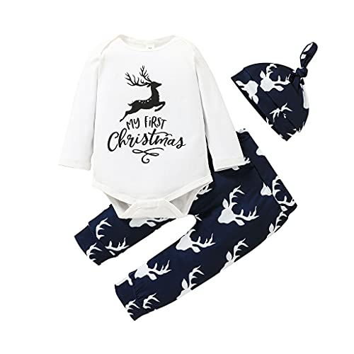 Image of DDLUZQual My First Christmas Baby Boy Girl Outfit Newborn Baby 1st Christmas Clothes Long Sleeve Romper Reindeer Plaid Pants Hat 3Pcs(White, 0-3Months)