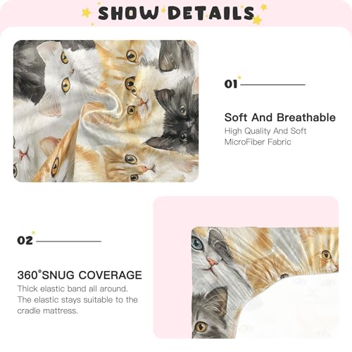 Image of Vintage Cats Cute Crib Sheets Soft Breathable Fitted Baby Crib Sheets Mattress Cover for Girls Boys, 52 inch x 28 inch x 9 inch