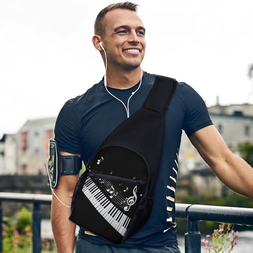 Versatile Unisex Musical Notes Black White Piano Keys Crossbody Bag, 15.4×8.3×3.5 Inch Chest Pack with Breathable Shoulder Strap and Mesh Side Pockets, Portable Sling Backpack3
