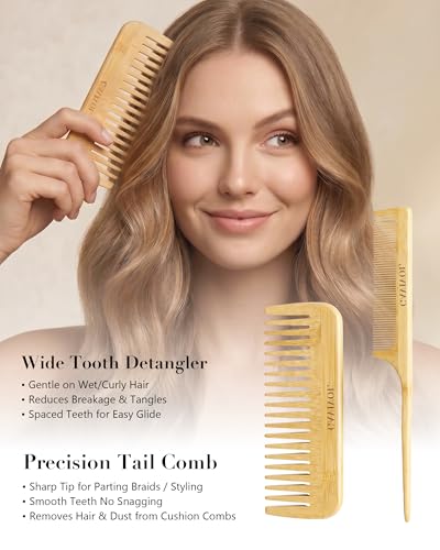 Cepillos de bambú para el cabello seco, set de peines desenredantes y de masaje. 5