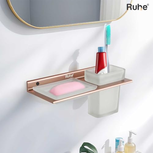Image of Ruhe Ember 2 in 1 Soap Dish & Tumbler Holder | Soap Case | Tooth Brush Holder | Bathroom Accessories | Wall Mounted | Soap Stand | Rose Gold