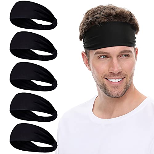 Mens Headband for Running (5 Pack), Mens Sweatband Sports Headband for Crossfit, Basketball, Yoga, Fitness Workout, Unisex, Sweat Wicking, Non Slip