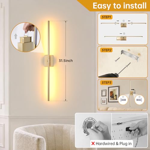 Image of Shenmoyl Battery Operated Wall Sconce Set of 2, 10000mAh Rechargeable Wall Sconces with Detachable Battery, Indoor 350Rotate Wall Lights for Bedroom Living Room, Gold, 31.5 Inch
