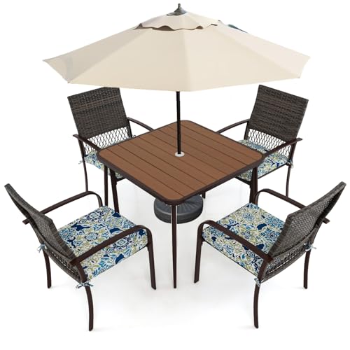 GYMAX Table de Jardin avec 4 Chaises, Table à Manger avec Trou pour Parasol 5cm, Coussins Amovibles et Lavables, Salon de Jardin Extérieur en Rotin pour 4...