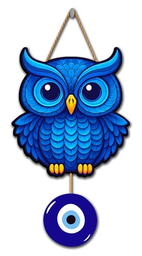 Image of Genxtra Blue Owl Wall Hanging with Evil Eye Charm | Wooden Home Decor for Positive Energy & Protection | Perfect Wall Art for Living Room, Bedroom, Office & Gift for Housewarming or Diwali