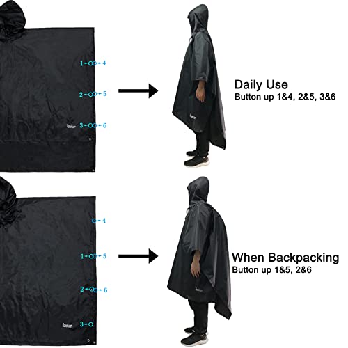 Foto von Azeekoom Regenjacke Regenponcho, Regenmantel Wasserdicht Unisex Camping Zelt Campingdecke 3 in 1 Multifunktionaler Regencape für Picknick im Freien Trekking Camping Angeln Jagd Ausflug (Schwarz)