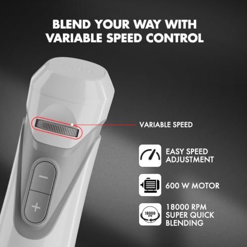 Image of Sujata Blendstick Hand Blender | 600W Heavy Duty Motor | Variable Speed Control | Stainless Steel Shaft | 18000 RPM | Professional Immersion Blender | Easy Clean | White