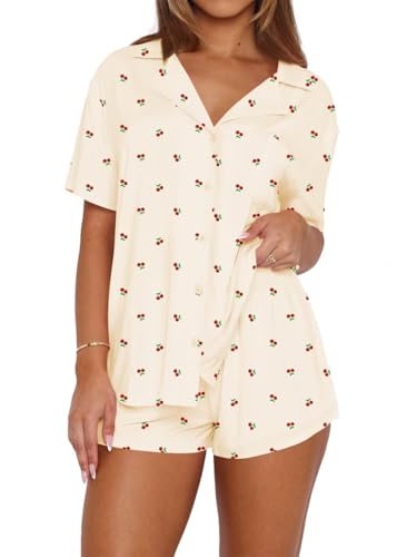 Image of LACOZY Womens Cherry Pajama Set 2 Piece Button Down V Neck Lounge Sets 2026 Spring Outfits Casual Pattern Matching Apricots S