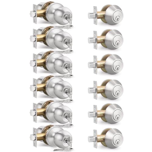 Brotima 6 Pack Keyed Entry Door Knob and Single Cylinder Deadbolt Combination Set in Satin Nickel Keyed Alike Exterior Knob Door Handle and Deadbolt Lock and Key Round Locking Lever Handle Set