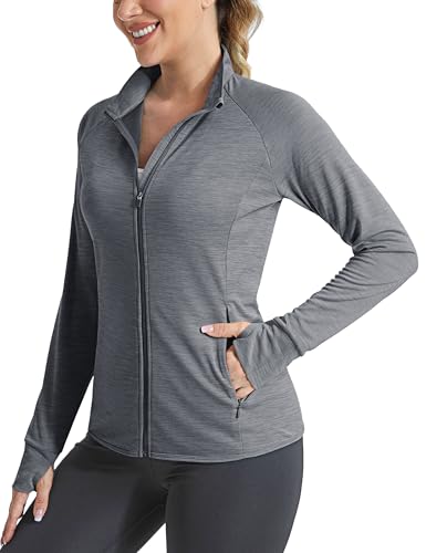 MAGCOMSEN Lightweight Athletic Jacket Women Full Zip UPF 50 Long Sleeve Shirts Sun Protection Quick Dry Hiking Running Exercise Gray S
