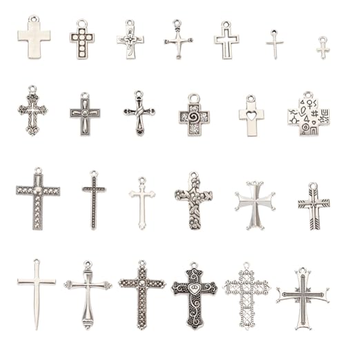 KISSITTY 100Pcs Tibetan Style Cross Charms Antique Silver Alloy Cross