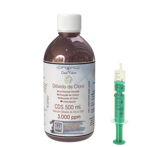 Gaia Vitae   CDS 3000 ppm – 500 ml Cristal Ámbar con Jeringa Estéril 10 ml – Solución Activada 0,3% en Agua Ultrapura