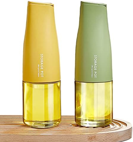 KIZZHISI 17oz Glass Olive Oil Dispenser, Oil and Vinegar Dispenser Set with Silica Gel Pourers, Weighted Pourer, Drip Free Spout Oil Dispenser Bottle for Kitchen（Green+Yellow）