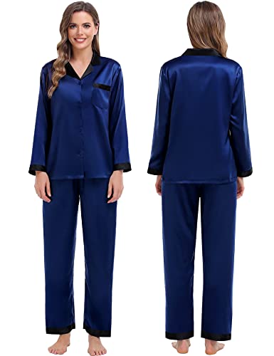 SWOMOG Couples Pajama Sets Women & Men Silky Satin Long Sleeve Sleepwear Classic Button Down Soft Loungewear Pjs Set2