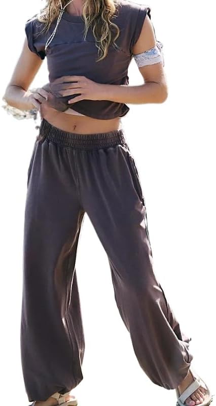 Women's sleeveless slim fit top wide leg pants set casual solid color cross exposed navel sports two-piece set