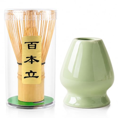 伝統 職人手作り 百本立 竹製 茶筅(ちゃせん) & 陶器製 くせ直しスタンド セット(きめ細やかな泡立ち・抹茶点て専用)