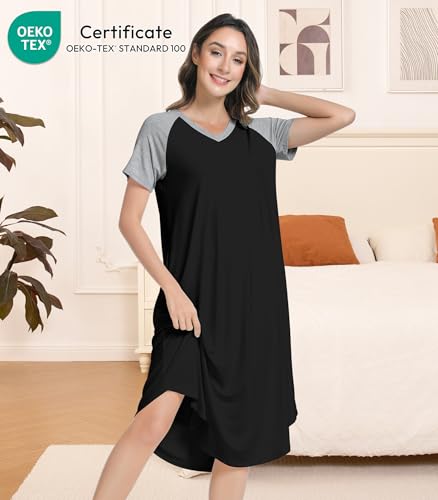 Image of NACHILA Women's Nightgowns-Viscose Made from Bamboo, Soft Sleepshirt Short Sleeve Nightshirt V Neck Sleepwear Cool Loungewear