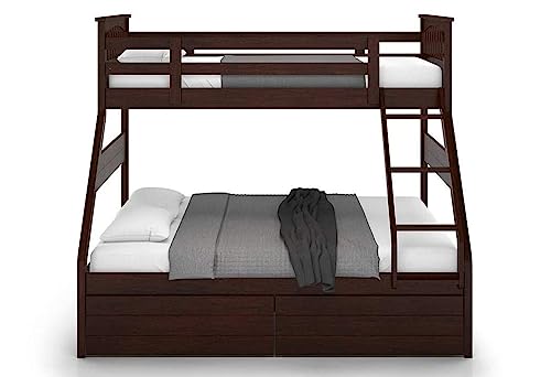 Image of APRODZ Haven Queen Size Solid Wood Bunk Bed with 2 Drawer Storage | Wooden Twin Over Bed with Ladder for Kids' Room Bedroom Living Room Home (Brown)