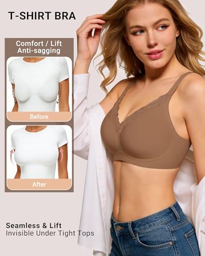 HORISUN Womens Wireless Bras Comfortable Push Up Bra No Underwire Bra Full Support Lift Bralette Everyday Seamless Tshirt Bras (Coffee 32D) — view 4