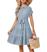JASAMBAC Women Summer Dresses 2024 Short Sleeve Casual Loose Swing Button Down Elastic Waist Midi...