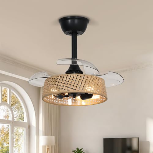 AQLEDY Vintage Ventilador De Techo Pequeña Con Luz Aspas Retráctiles, 52cm Lampara Ventilador Techo Dormitorio Y Mando, Pantalla De Ratán Bohemia 6 Velocidades DC Motor Temporizador Para Salón