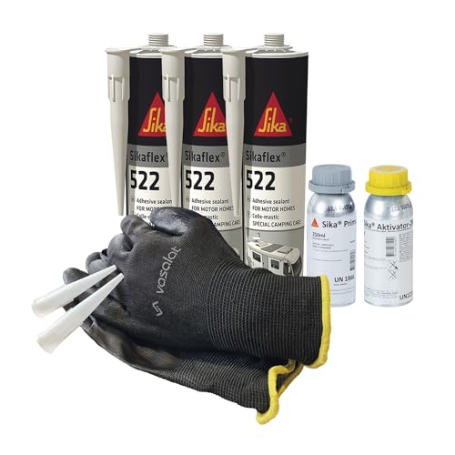 Sika Sikaflex 522 STP Kleber - Wohnwagen Dichtmasse mit Primer 210 + Aktivator 205 - ideal zum Abdichten von Buntmetallen, 3x 300ml weiß mit 5 Düsenspitzen + Aktivator und Primer