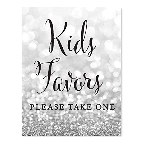 Andaz Press Wedding Party Signs, Glitzy Silver Glitter, 8.5x11-inch, Kids Favors Please Take One, 1-Pack