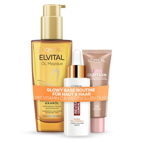 L'Oréal Paris Lumi Glotion Flüssiger Highlighter, 12% pures Vitamin C Serum & Elvital Öl Magique Haaröl – Für strahlende Haut und gepflegtes Haar [Amazon Exclusive], 3-teilig
