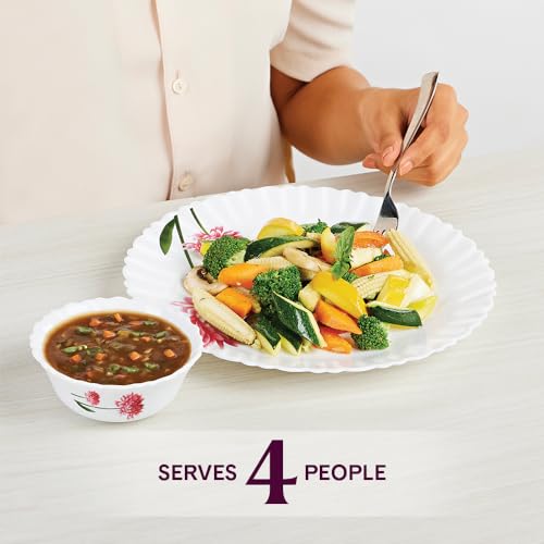 Image of Larah by Borosil Belle Fluted Series Opalware Dinner Set | 13 Pieces for Family of 4 | Microwave & Dishwasher Safe | Bone-Ash Free | Crockery Set for Dining & Gifting | Plates & Bowls | White
