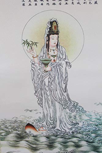 Lucky Gifts Large Vintage Watercolor Ink Painting Silk Print Mercy Guan Yin Kwan Yin Buddha Heart Sutra Mantra Calligraphy Multi #TOP1
