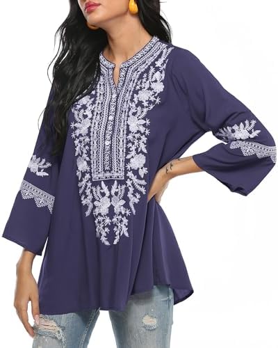 Grosy Traditional Mexican Embroidered Peasant Tops for Women, Plus Size Vintage Floral Tunic Shirts, Flowers Embroidery Blouses