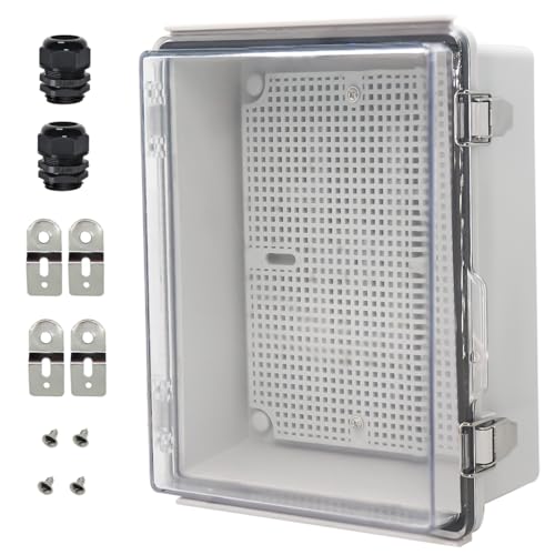 Image of Zulkit Junction Box IP67 Waterproof Electrical Box Hinged Clear Cover Stainless Steel Latch Plastic Enclosure for Project w Mounting Plate Wall Bracket and 2 Cable Gland 8.7 inchx6.7 inchx4.3 inch /220x170x110mm
