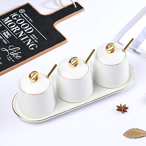 White Ceramic Sugar Bowls Condiment Pots Spice Jars Seasoning Box Set With Lid Spoon And Tray-Sets Of 3 #TOP2