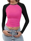 Abardsion Women's Long Sleeve Shirts Y2K Slim Fit Stretchy Slightly Crop Tops (Hot Pink & Black Sleeve, XS)