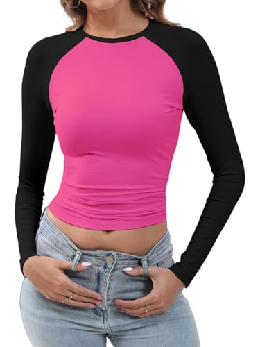 Abardsion Women's Long Sleeve Shirts Y2K Slim Fit Stretchy Slightly Crop Tops (Hot Pink & Black Sleeve, XS)