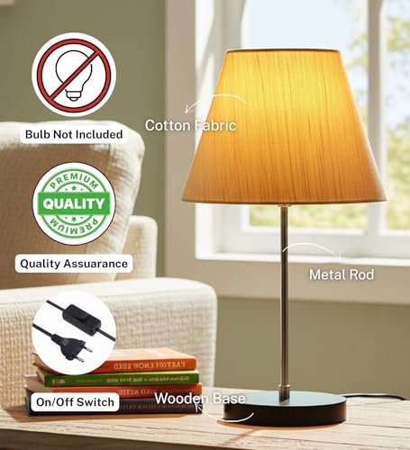 Image of Silver Table Lamp with Handmade Cotton Fabric Conical Cream Texture Shade, Table /Restaurant /Bedroom, On /Off Switch Long Wire