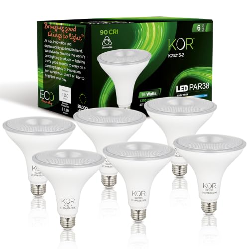 Image of KOR PAR38 LED Flood Light Bulbs, 100W Equivalent, Dimmable, 3000K, 6 Pack | Indoor /outdoor Spotlight, E26 Base, 1250 Lumens, 15W, Warm White, CRI 90, Frosted Finish, Wet Rated and UL Listed.
