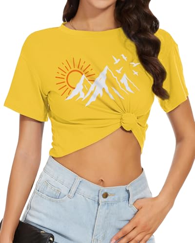 Image of Womens Summer Crop Tops Short Sleeve Round Neck T-Shirts Loose Fit Casual Blouse 2026