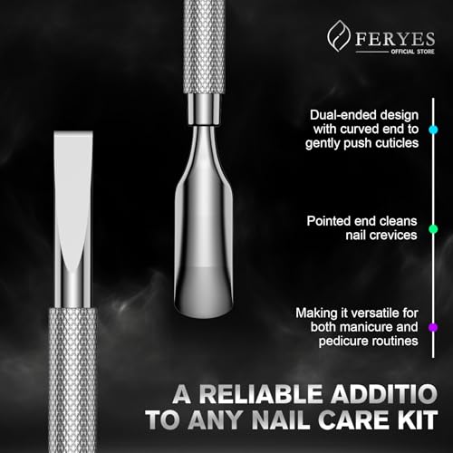 image for FERYES Professional Cuticle Pusher & Remover Tool - Stainless Steel Du