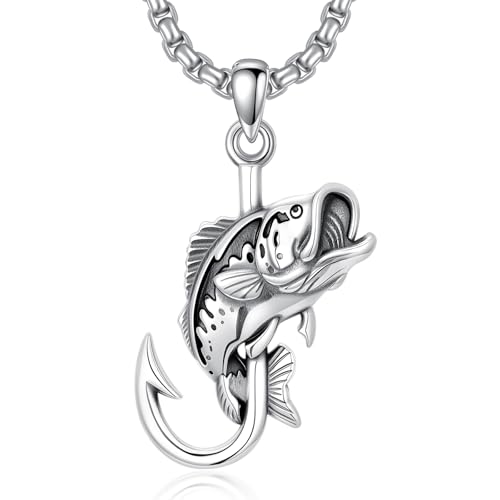 PROESS Fish Hook Necklace for Men 925 Sterling Silver Antler Duck Pendant Necklace Antler Fish Hook Hunting Jewelry Gifts for Father