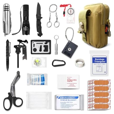 Kitgo Camping Emergency Tourniquet Survival Kit Safety First Aid Kit with Pro Tool Outdoor Survival Gear Tactical Small Molle Pouch for Home Hiking Hunting Adventures (Khaki) Cover