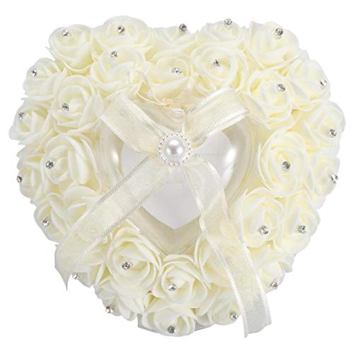 VIFERR Cuscino per Fedi Nuziali, Cuscino Portafedi a Forma di Cuore con Strass Rose Cuscino Portafedi Scatola Cuscino per Anelli da Matrimonio, Latte Bianco