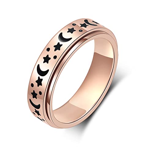 LuckyAmor Anxiety Ring for Women Spinner Rings:Rotating Rings Stainless Steel 6mm Moon Star Anxiety for Men Band Jewelry Gift for Women Size 6 7 8 9 10
